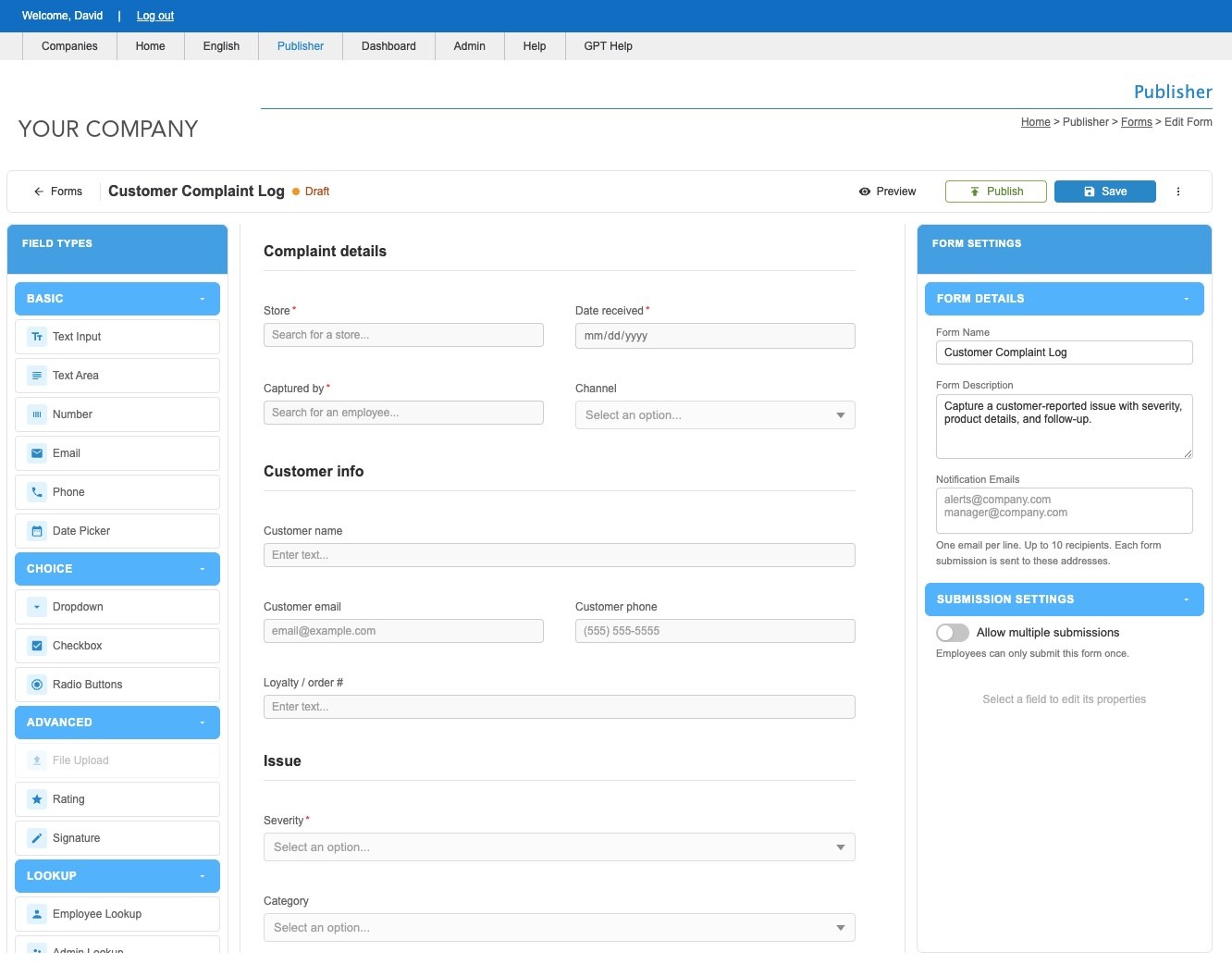 INCITE Forms drag-and-drop builder showing field types, the form canvas, and form settings