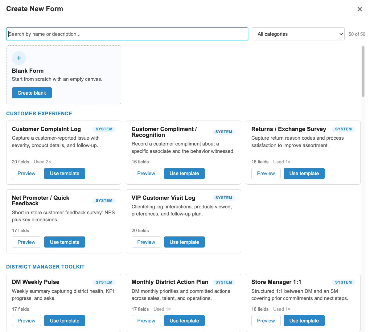 INCITE Forms template library: search by category, preview a form, and use a ready-made template